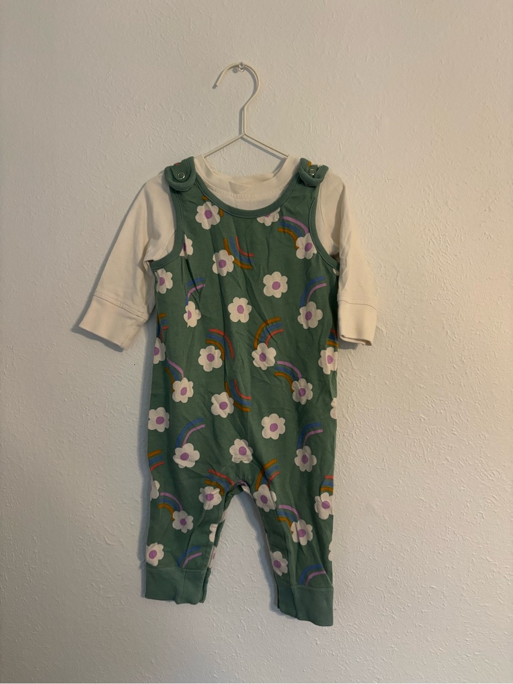 Hanna Andersson Green Floral Overalls  and T-Shirt Set 6-12M